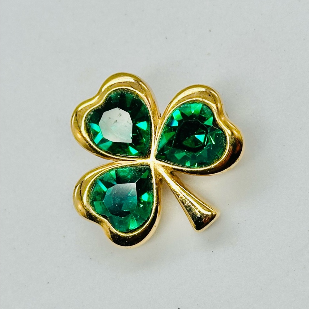 Sol D’Or Green Gold Tone Clover Brooch Pin Crystal St Patrick Soldor Irish